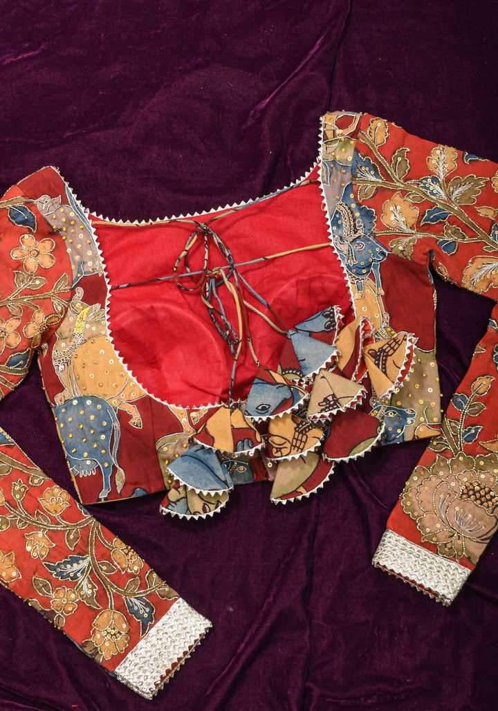 Exquisite Pen Kalamkari and Cutdana Handwork on Maroon Full Sleeve Blouse