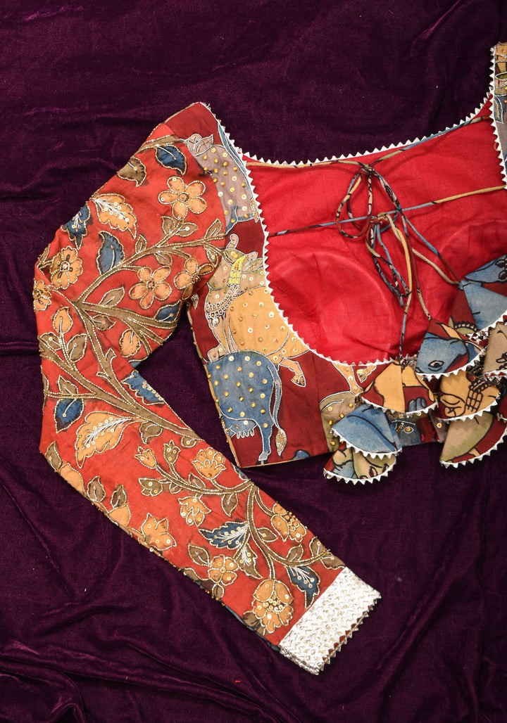 Exquisite Pen Kalamkari and Cutdana Handwork on Maroon Full Sleeve Blouse