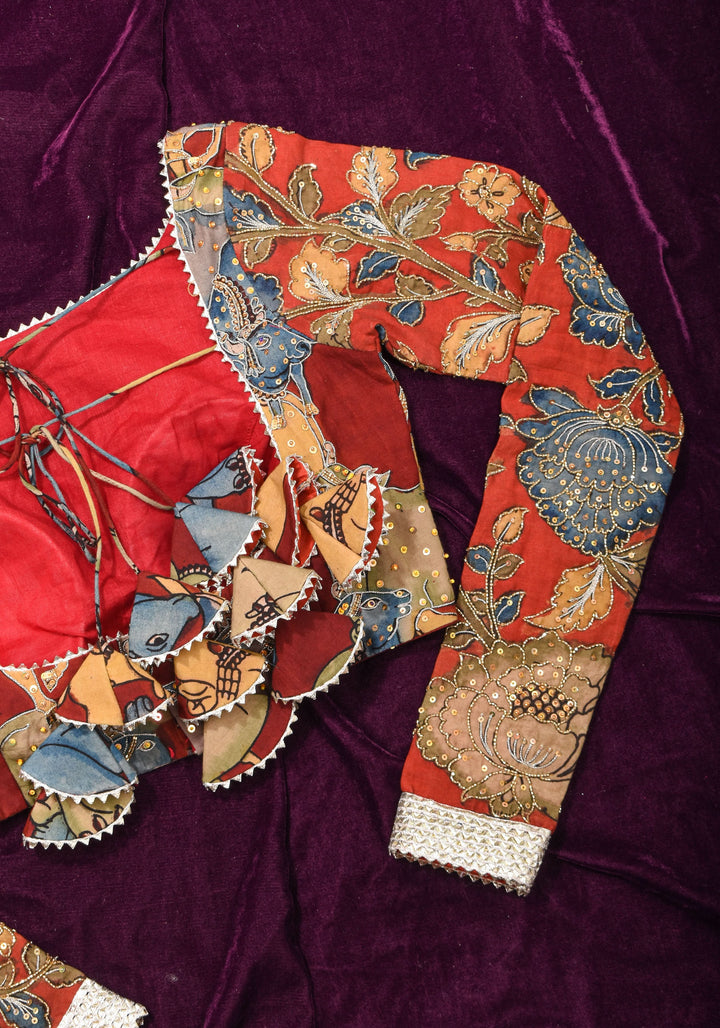 Exquisite Pen Kalamkari and Cutdana Handwork on Maroon Full Sleeve Blouse