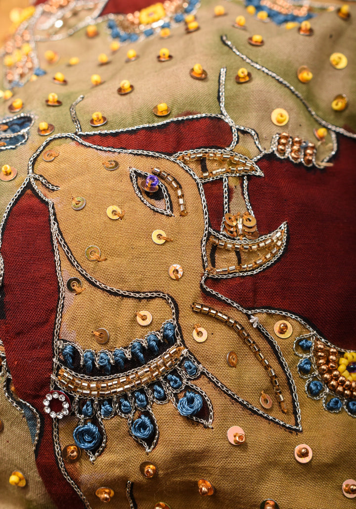 Exquisite Pen Kalamkari and Cutdana Handwork on Maroon Full Sleeve Blouse