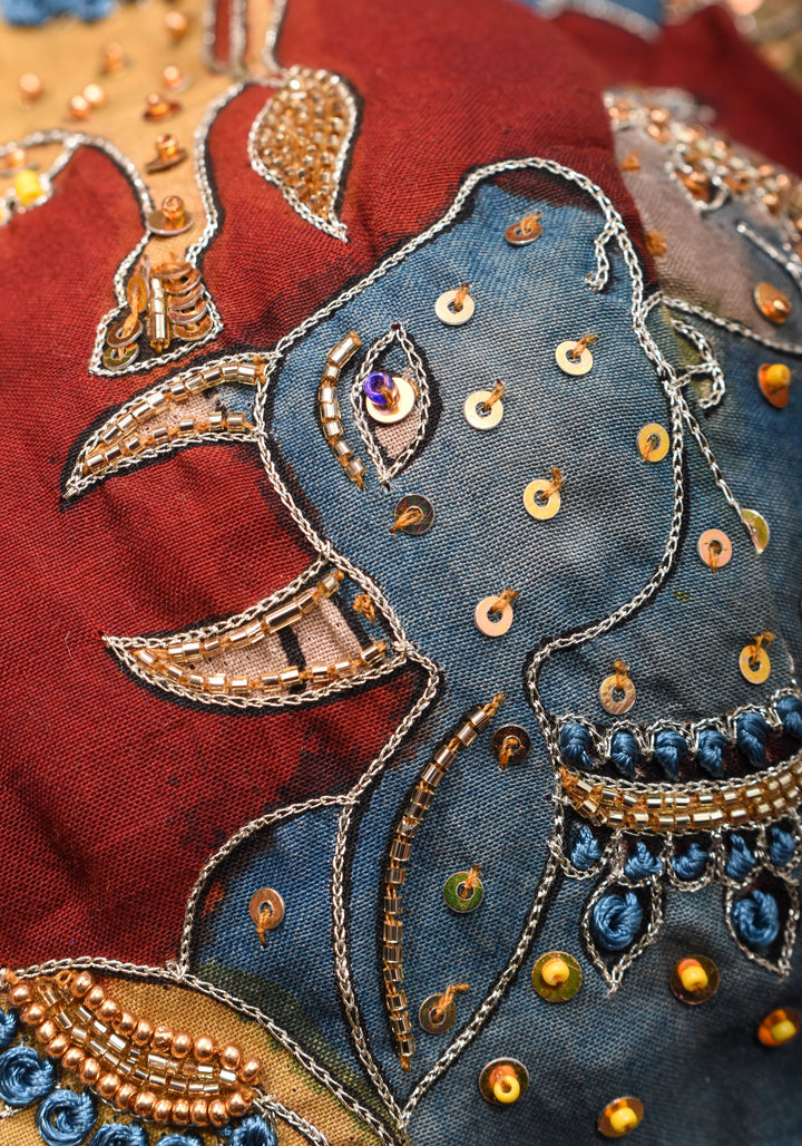 Exquisite Pen Kalamkari and Cutdana Handwork on Maroon Full Sleeve Blouse