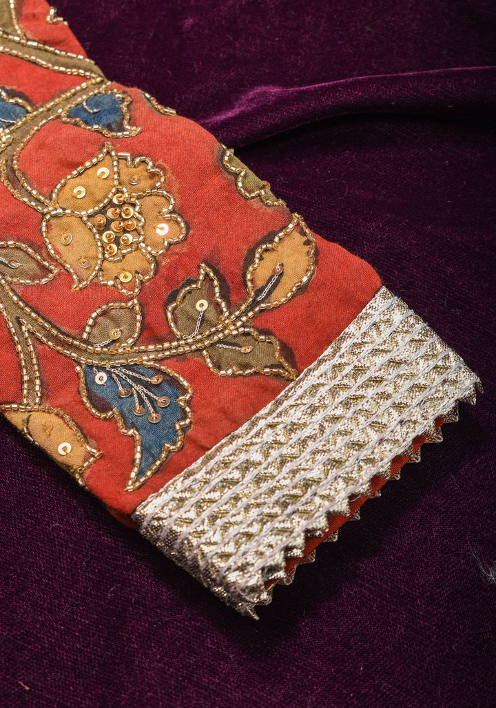 Exquisite Pen Kalamkari and Cutdana Handwork on Maroon Full Sleeve Blouse