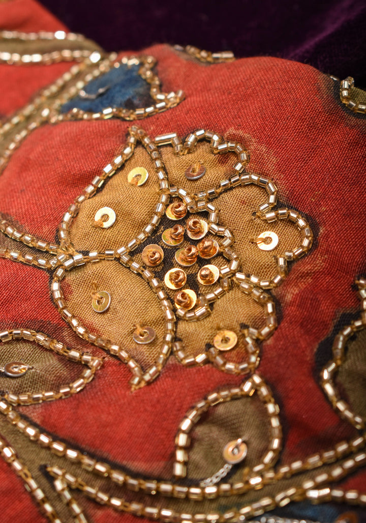 Exquisite Pen Kalamkari and Cutdana Handwork on Maroon Full Sleeve Blouse