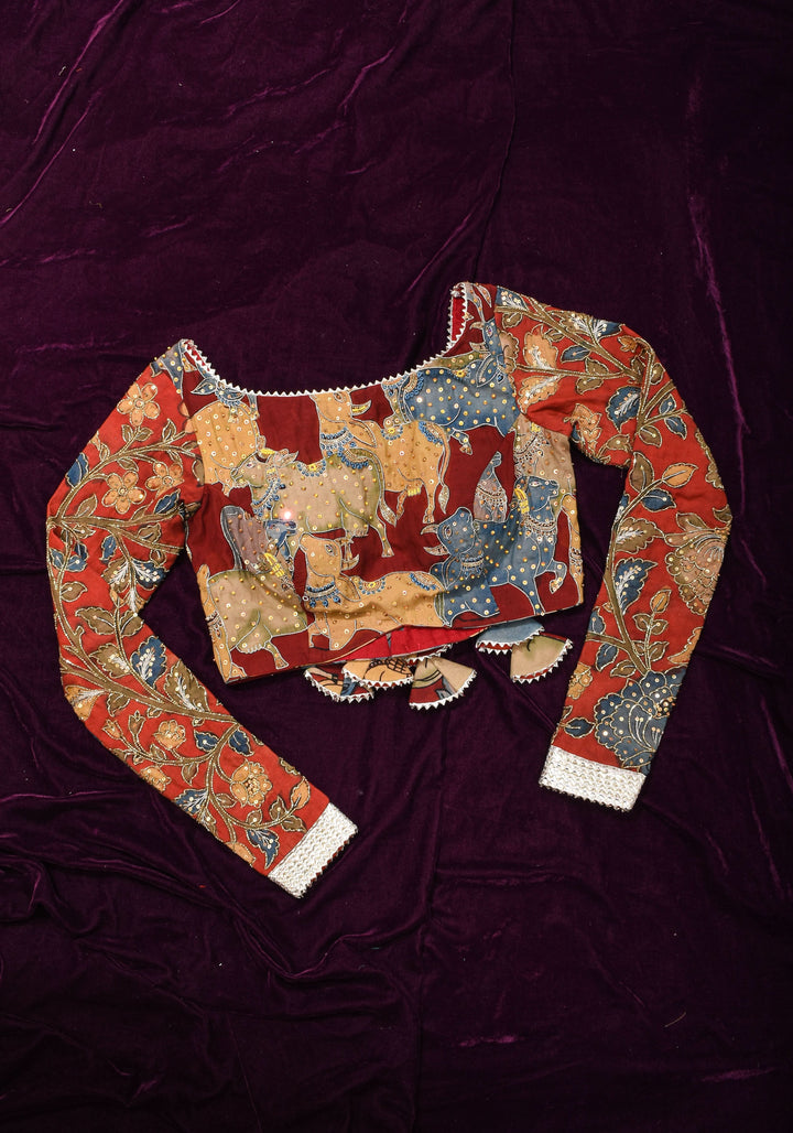 Exquisite Pen Kalamkari and Cutdana Handwork on Maroon Full Sleeve Blouse