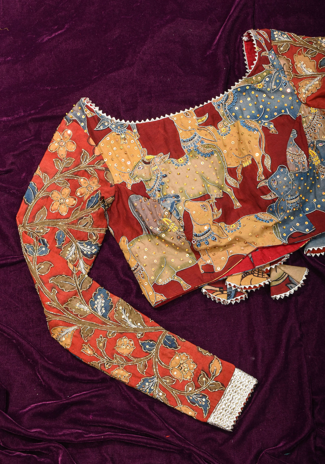 Exquisite Pen Kalamkari and Cutdana Handwork on Maroon Full Sleeve Blouse