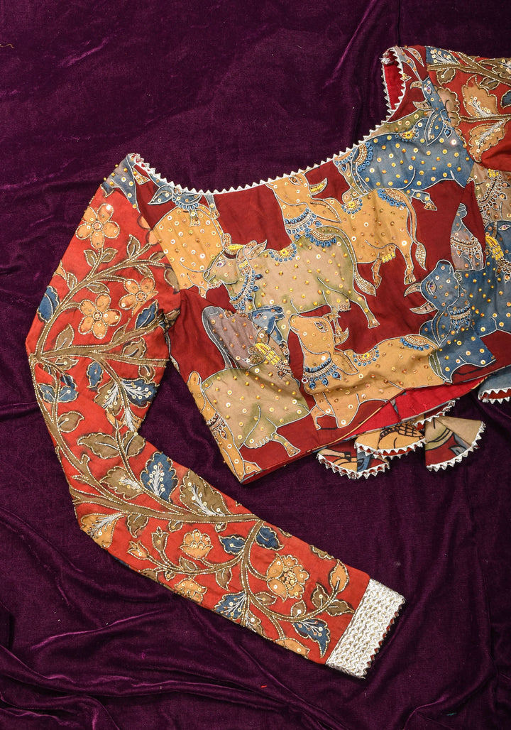 Exquisite Pen Kalamkari and Cutdana Handwork on Maroon Full Sleeve Blouse
