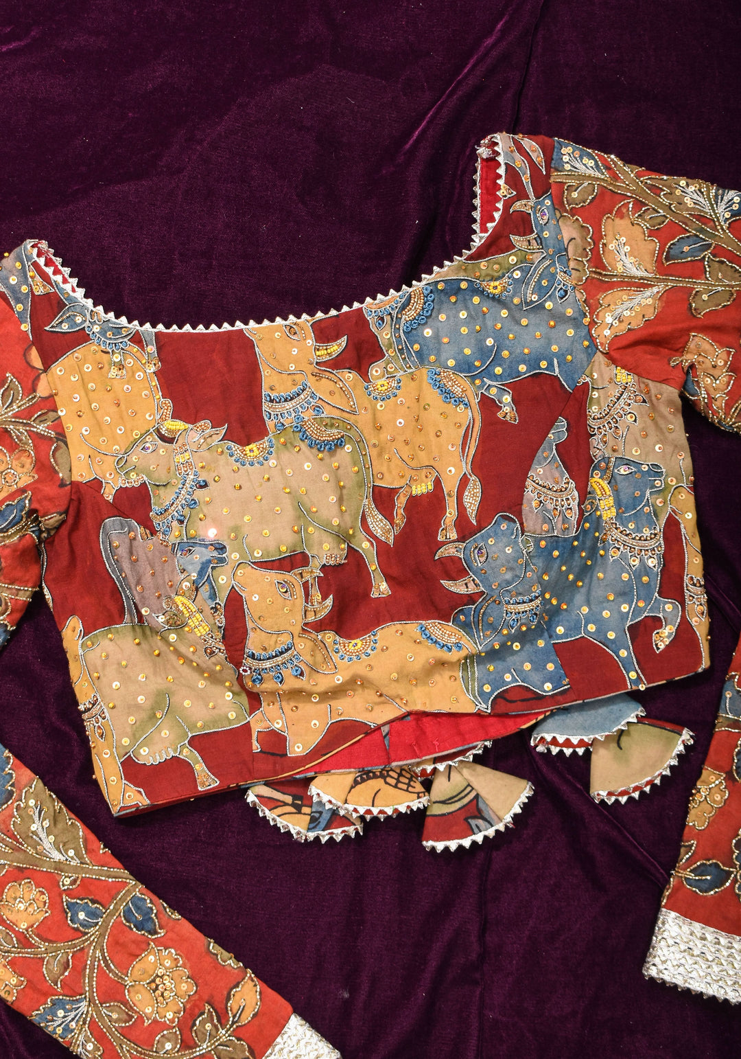 Exquisite Pen Kalamkari and Cutdana Handwork on Maroon Full Sleeve Blouse