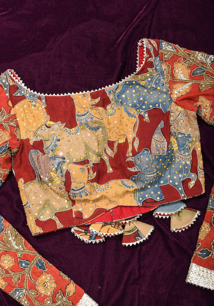 Exquisite Pen Kalamkari and Cutdana Handwork on Maroon Full Sleeve Blouse