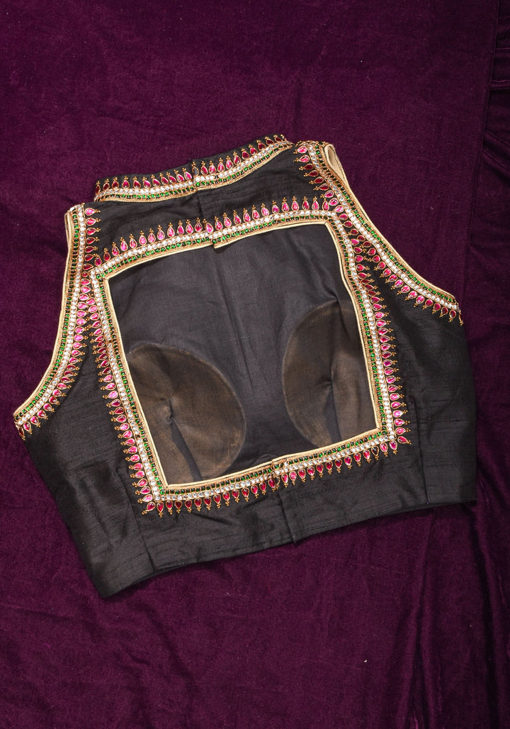 Statement Black Halter Neck Pure Raw Silk Blouse with Kemp Handwork Mandala, Made to Order