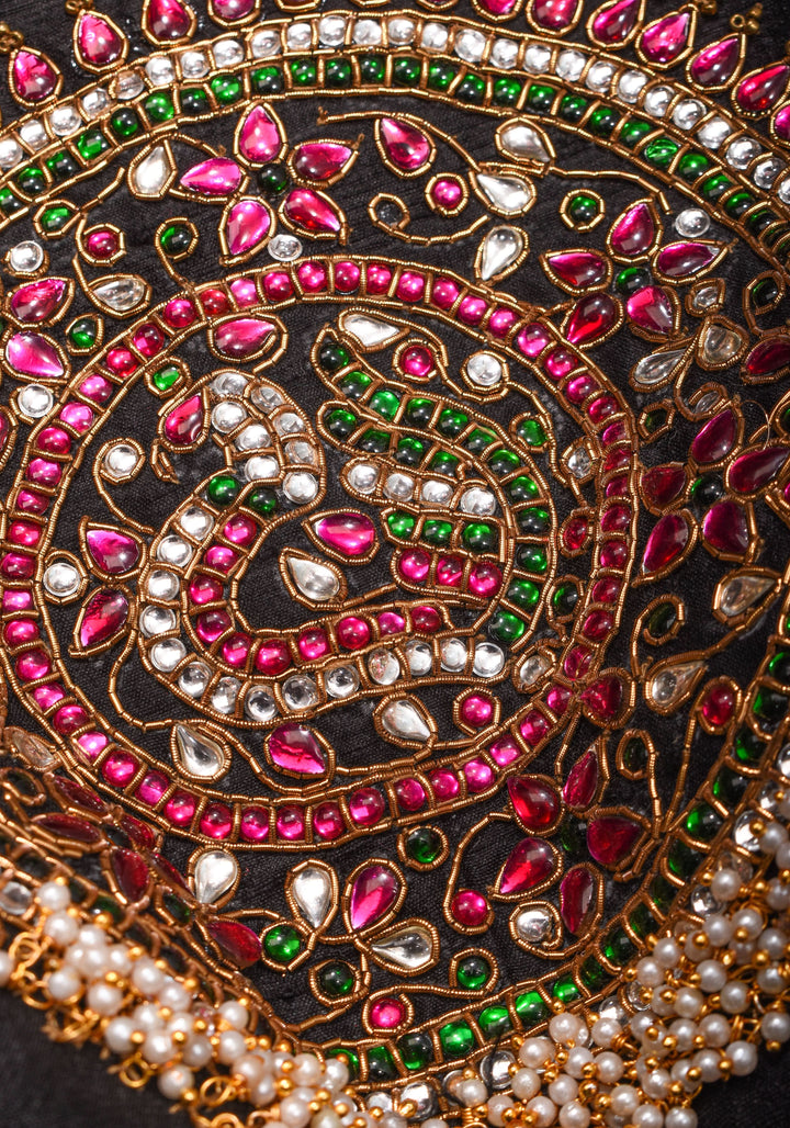 Statement Black Halter Neck Pure Raw Silk Blouse with Kemp Handwork Mandala, Made to Order