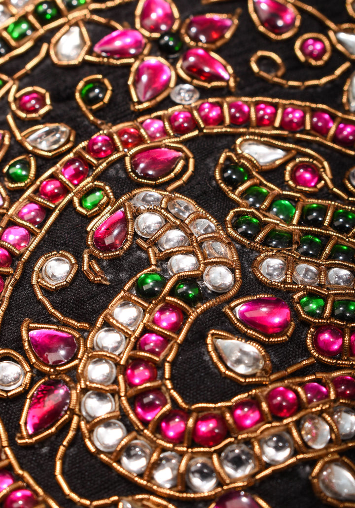 Statement Black Halter Neck Pure Raw Silk Blouse with Kemp Handwork Mandala, Made to Order