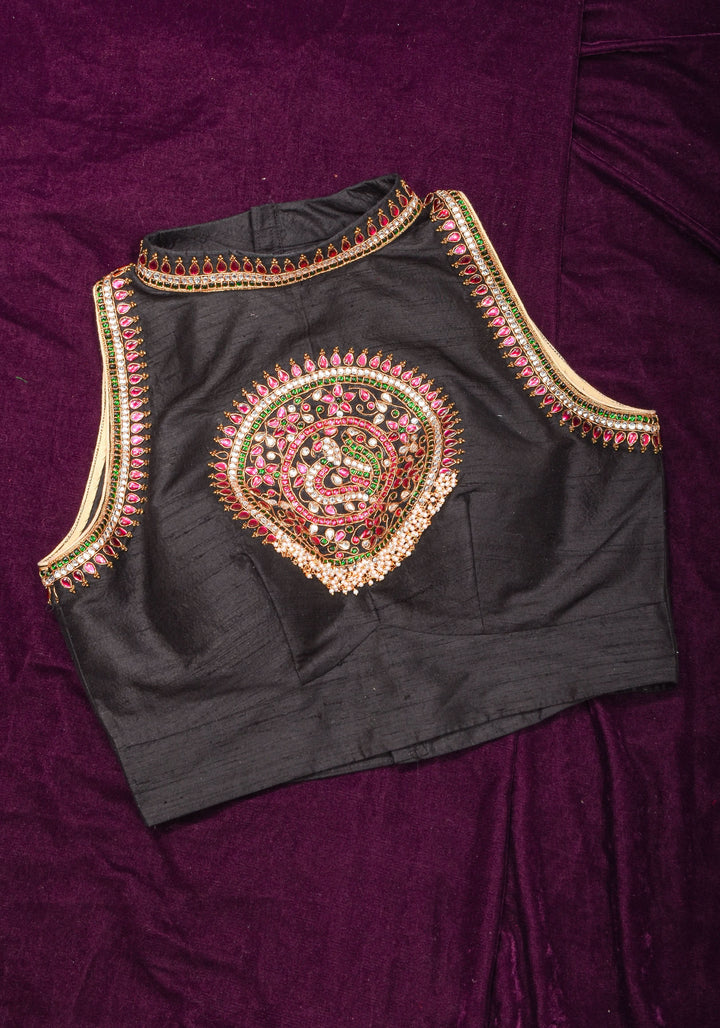 Statement Black Halter Neck Pure Raw Silk Blouse with Kemp Handwork Mandala, Made to Order