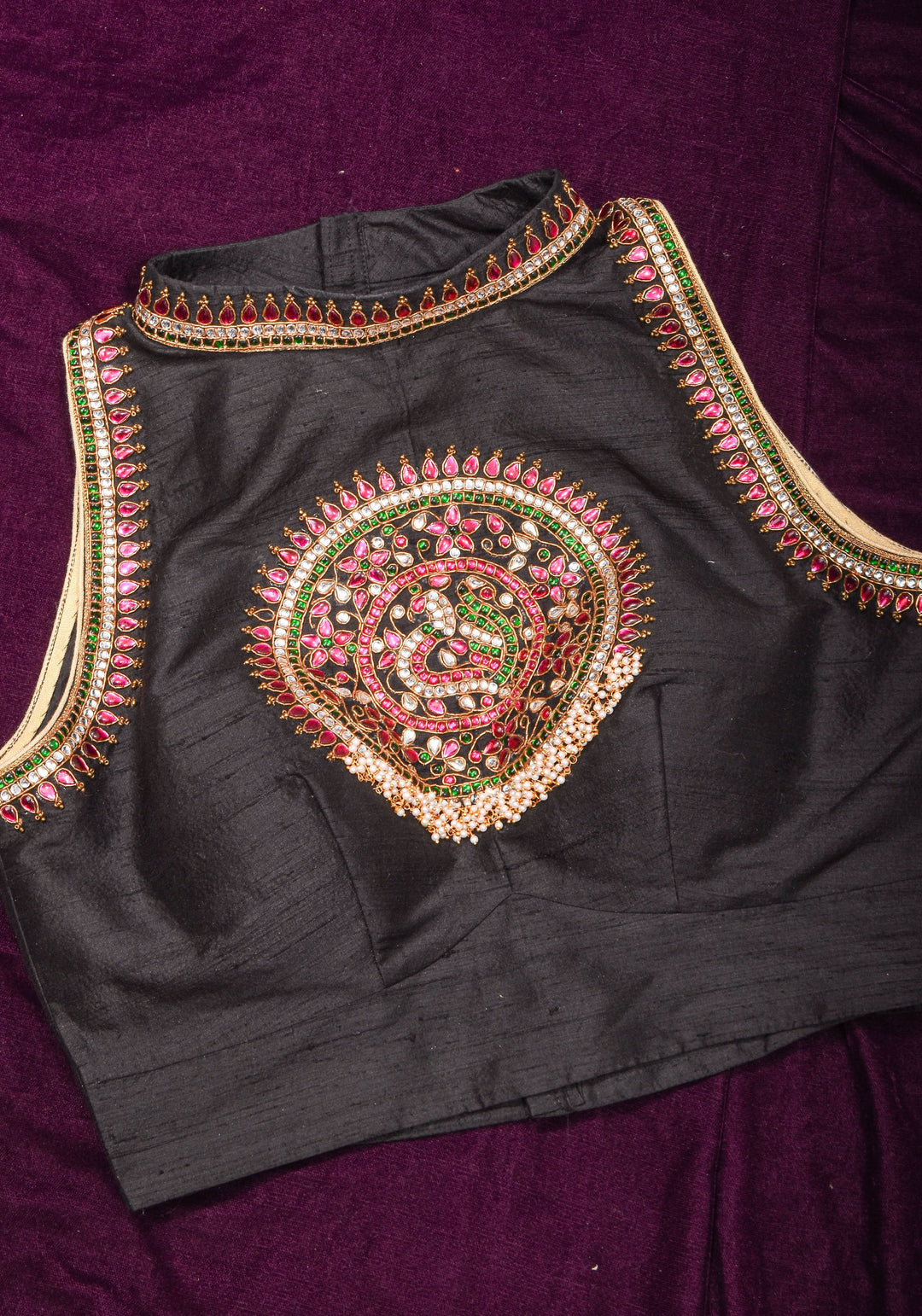 Statement Black Halter Neck Pure Raw Silk Blouse with Kemp Handwork Mandala, Made to Order