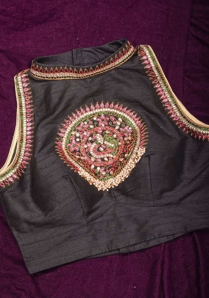 Statement Black Halter Neck Pure Raw Silk Blouse with Kemp Handwork Mandala, Made to Order