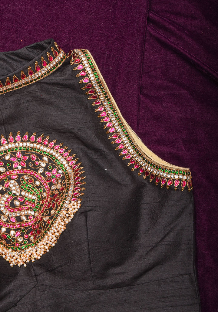 Statement Black Halter Neck Pure Raw Silk Blouse with Kemp Handwork Mandala, Made to Order