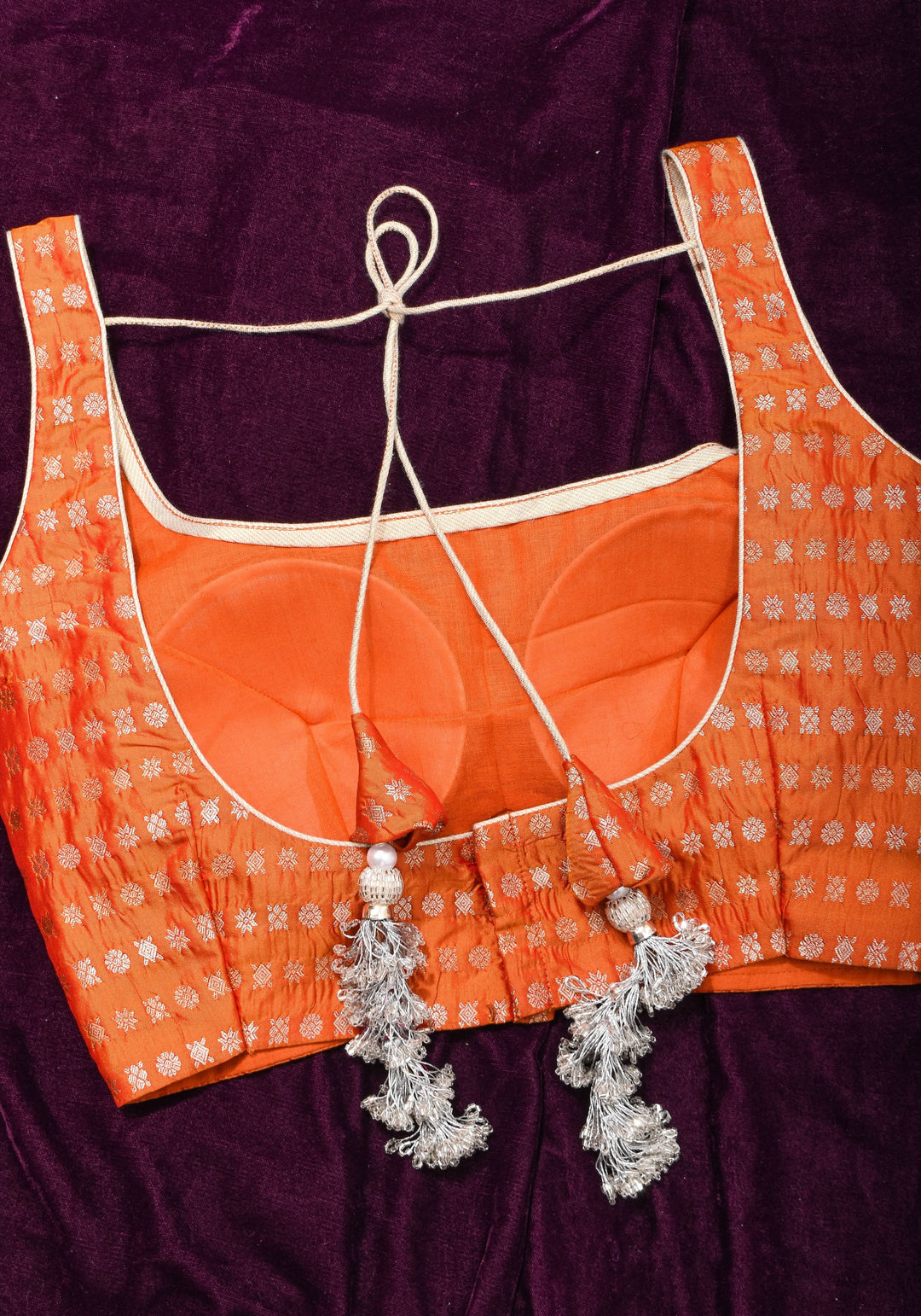 Orange Scoopneck zari butti  pure silk sleeveless mix and match blouse, Made to Order