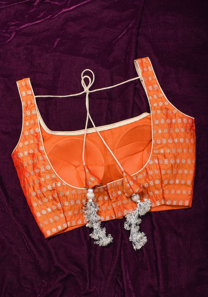 Orange Scoopneck zari butti  pure silk sleeveless mix and match blouse, Made to Order