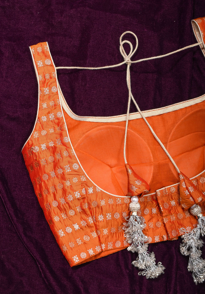 Orange Scoopneck zari butti  pure silk sleeveless mix and match blouse, Made to Order