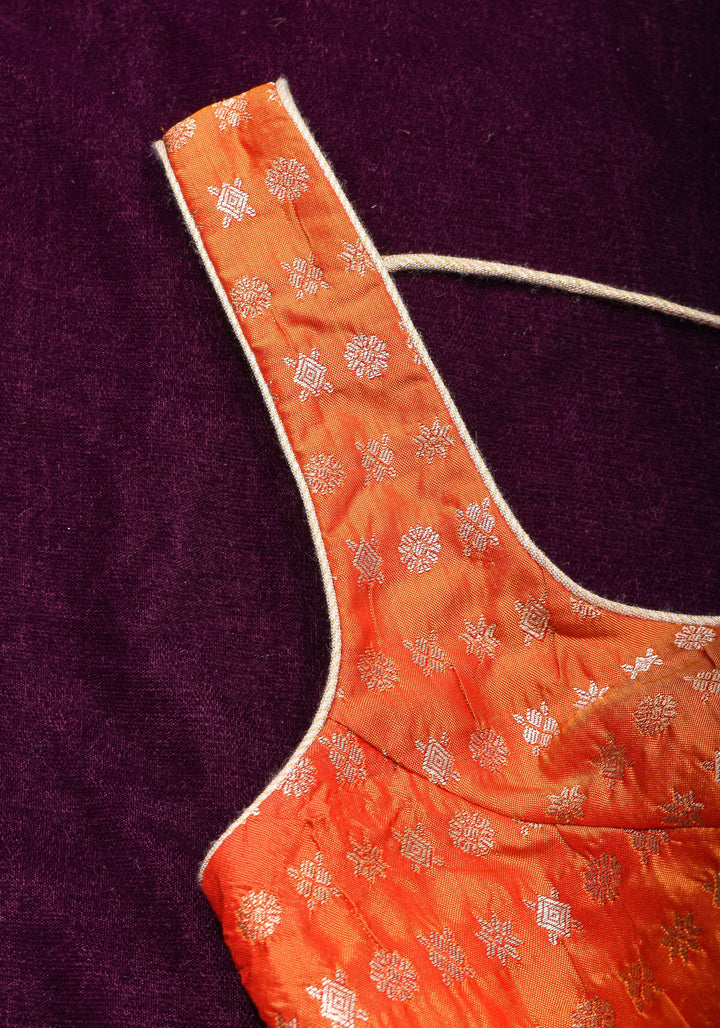 Orange Scoopneck zari butti  pure silk sleeveless mix and match blouse, Made to Order