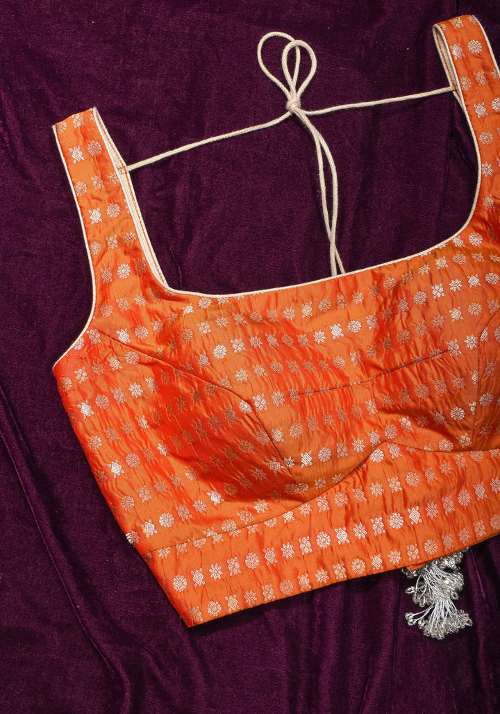 Orange Scoopneck zari butti  pure silk sleeveless mix and match blouse, Made to Order