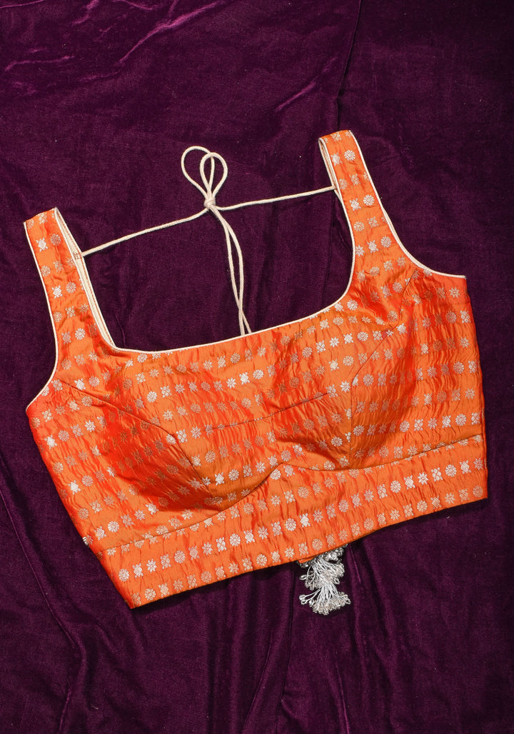 Orange Scoopneck zari butti  pure silk sleeveless mix and match blouse, Made to Order