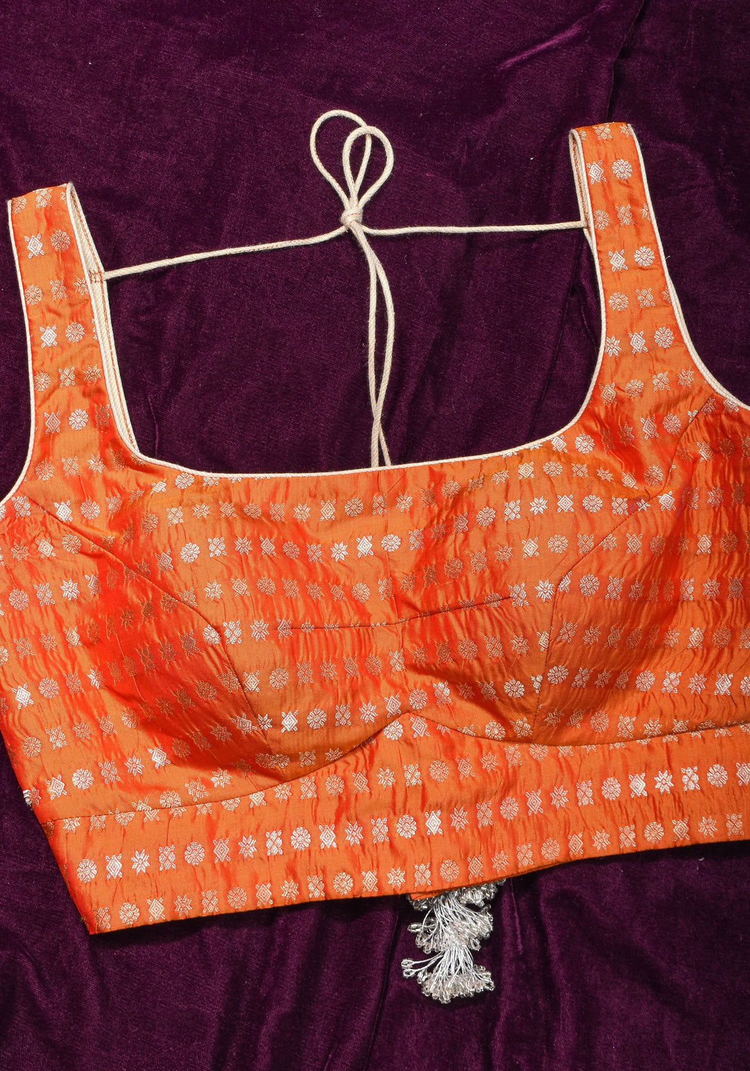 Orange Scoopneck zari butti  pure silk sleeveless mix and match blouse, Made to Order