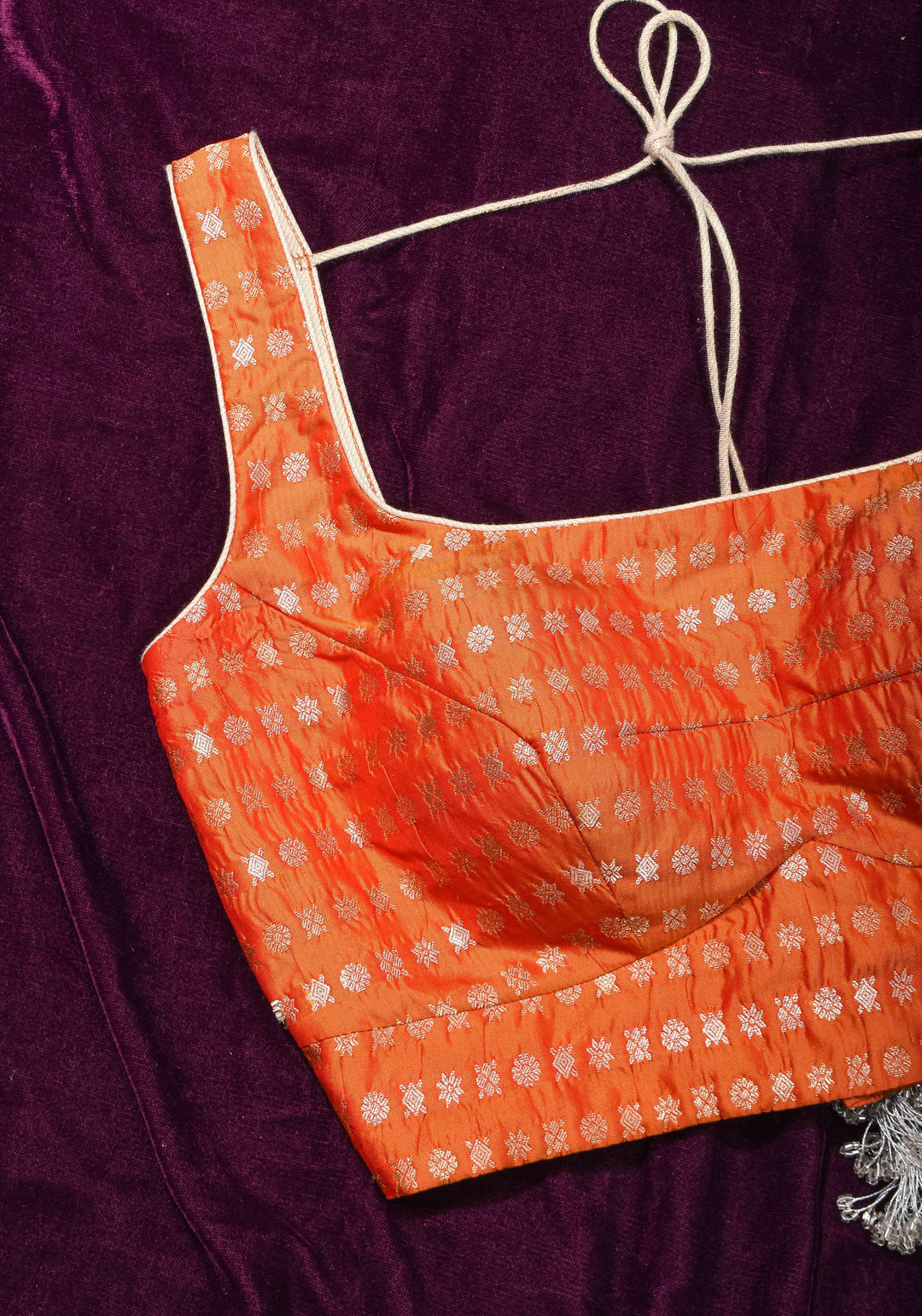 Orange Scoopneck zari butti  pure silk sleeveless mix and match blouse, Made to Order