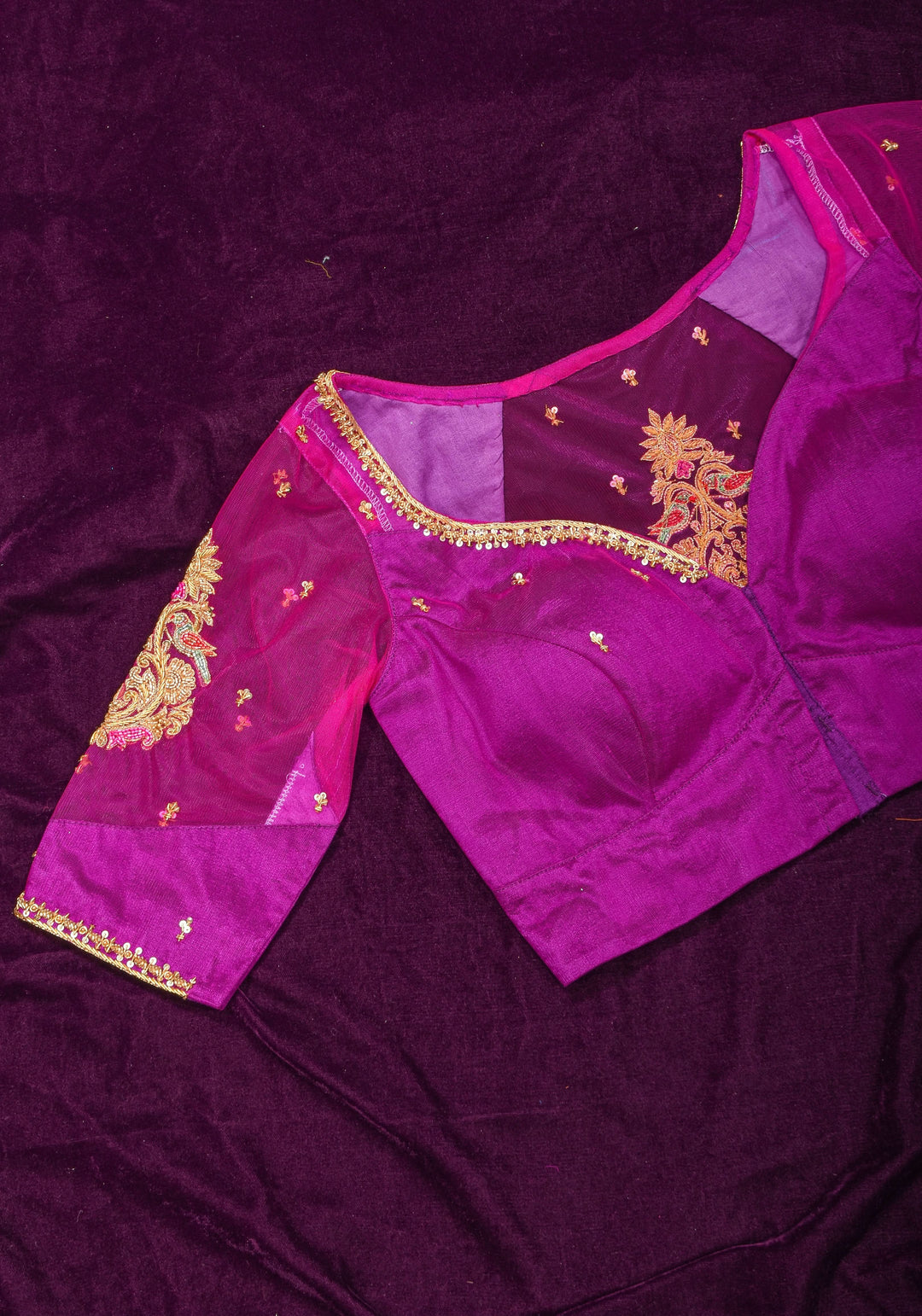 Magenta Pure Silk Blouse with Zardosi Cutdana Handwork on Net in Back and Sleeves, Made to Order