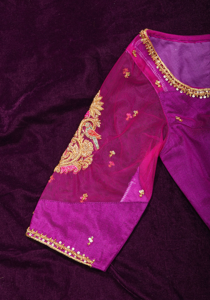 Magenta Pure Silk Blouse with Zardosi Cutdana Handwork on Net in Back and Sleeves, Made to Order