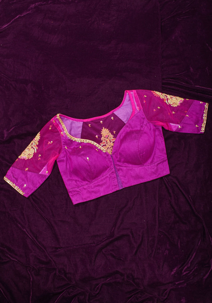 Magenta Pure Silk Blouse with Zardosi Cutdana Handwork on Net in Back and Sleeves, Made to Order