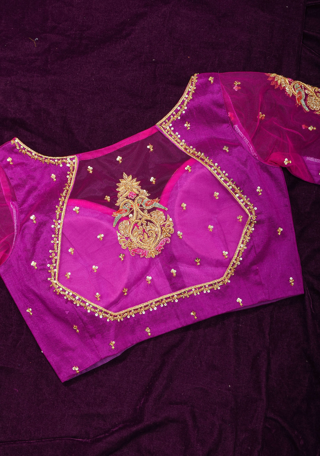 Magenta Pure Silk Blouse with Zardosi Cutdana Handwork on Net in Back and Sleeves, Made to Order