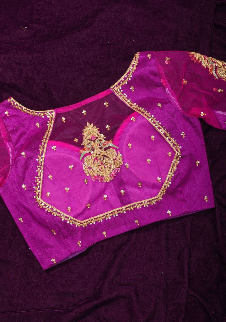 Magenta Pure Silk Blouse with Zardosi Cutdana Handwork on Net in Back and Sleeves, Made to Order