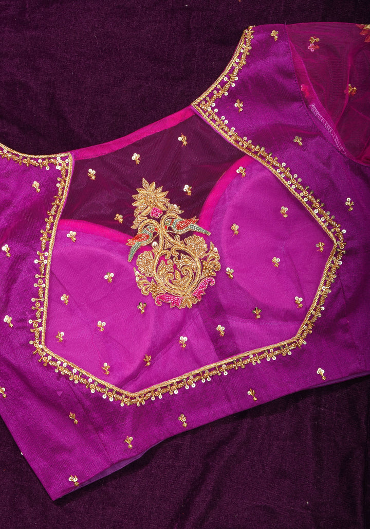 Magenta Pure Silk Blouse with Zardosi Cutdana Handwork on Net in Back and Sleeves, Made to Order