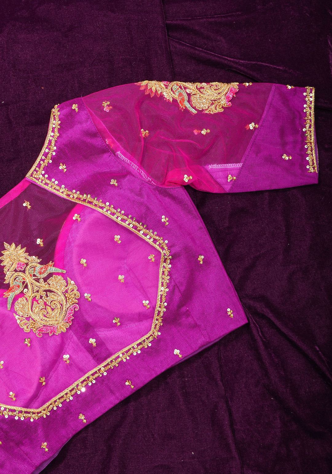 Magenta Pure Silk Blouse with Zardosi Cutdana Handwork on Net in Back and Sleeves, Made to Order