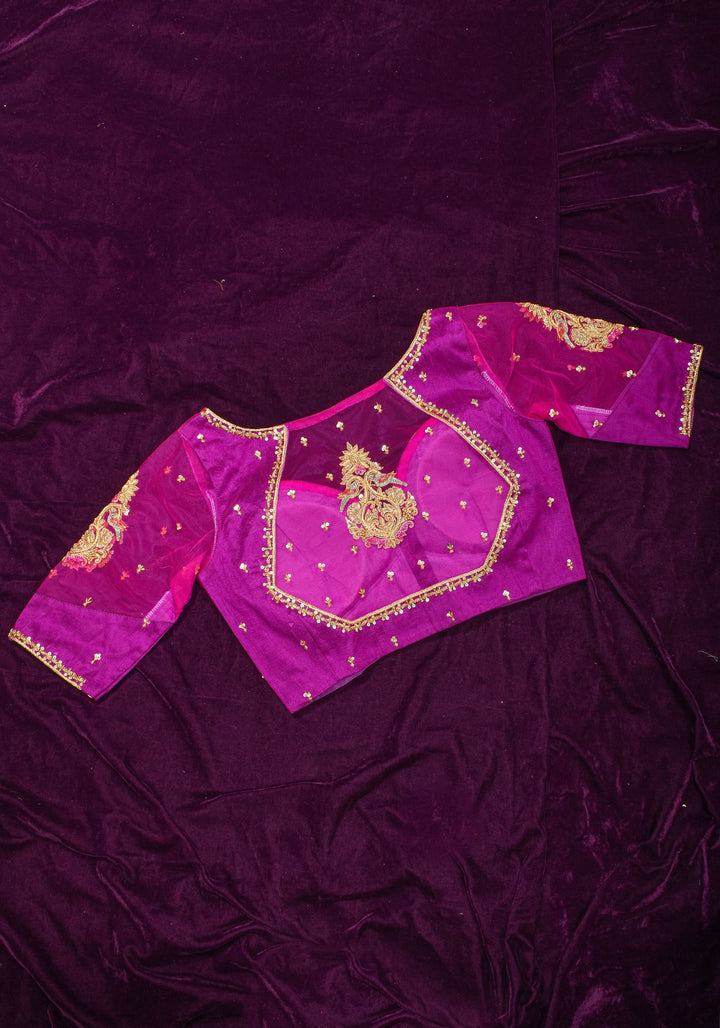 Magenta Pure Silk Blouse with Zardosi Cutdana Handwork on Net in Back and Sleeves, Made to Order