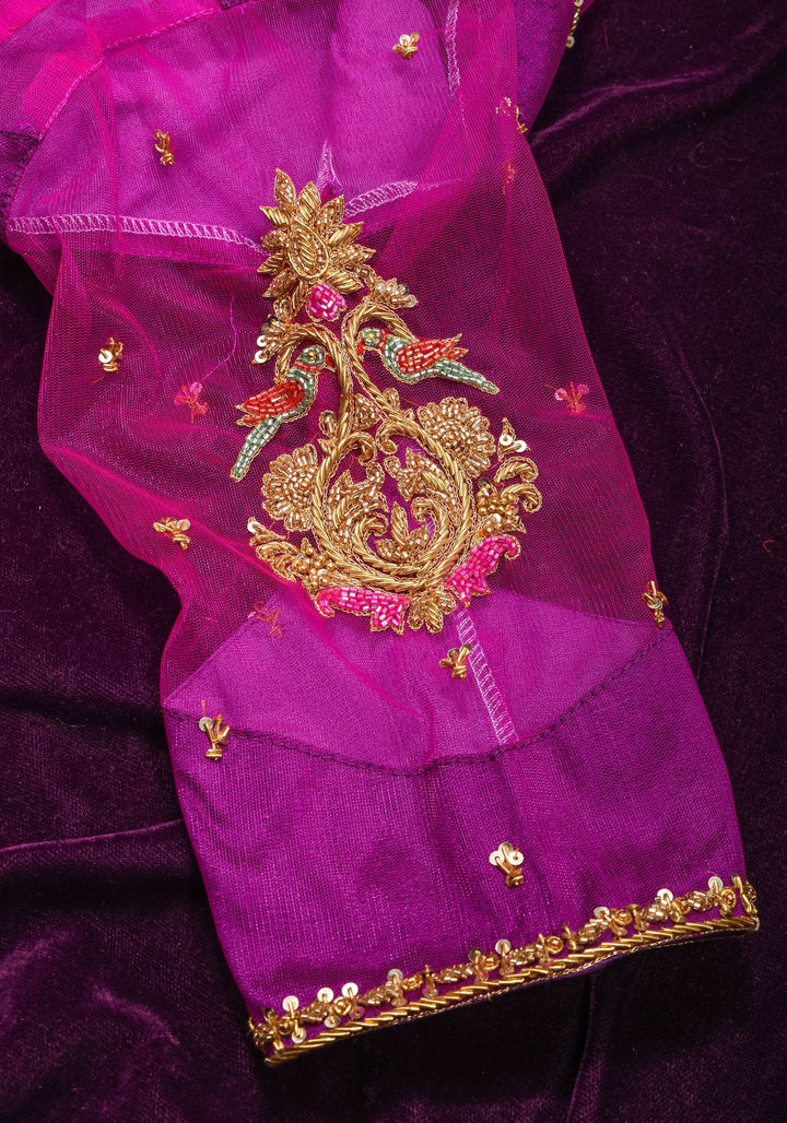 Magenta Pure Silk Blouse with Zardosi Cutdana Handwork on Net in Back and Sleeves, Made to Order