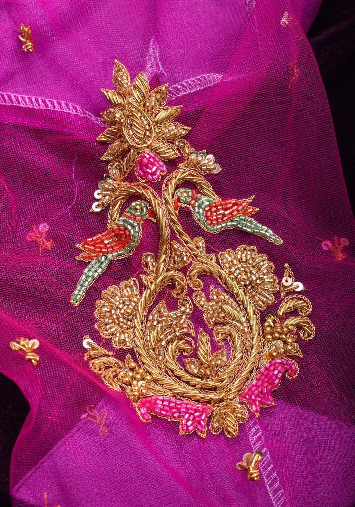 Magenta Pure Silk Blouse with Zardosi Cutdana Handwork on Net in Back and Sleeves, Made to Order