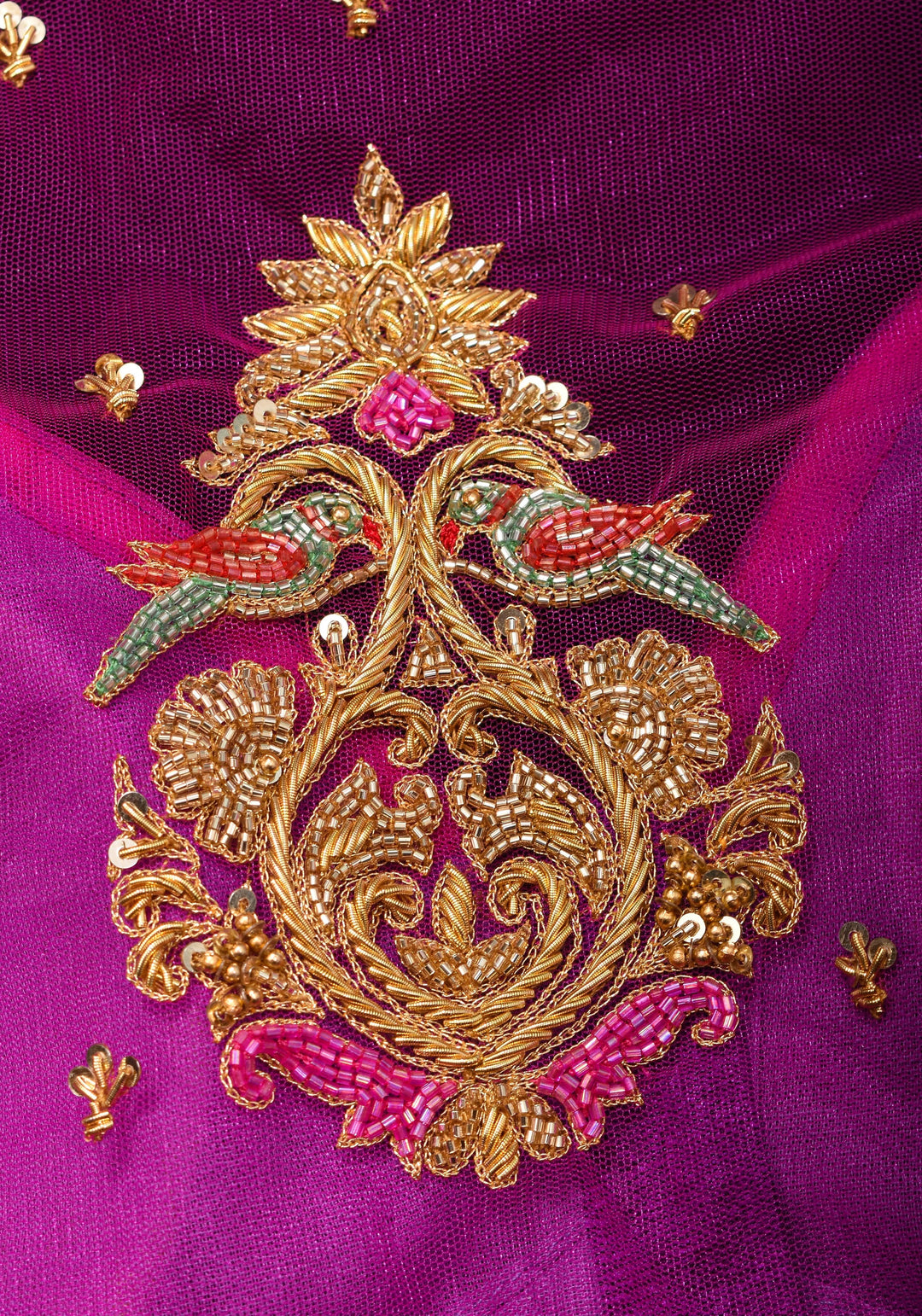 Magenta Pure Silk Blouse with Zardosi Cutdana Handwork on Net in Back and Sleeves, Made to Order