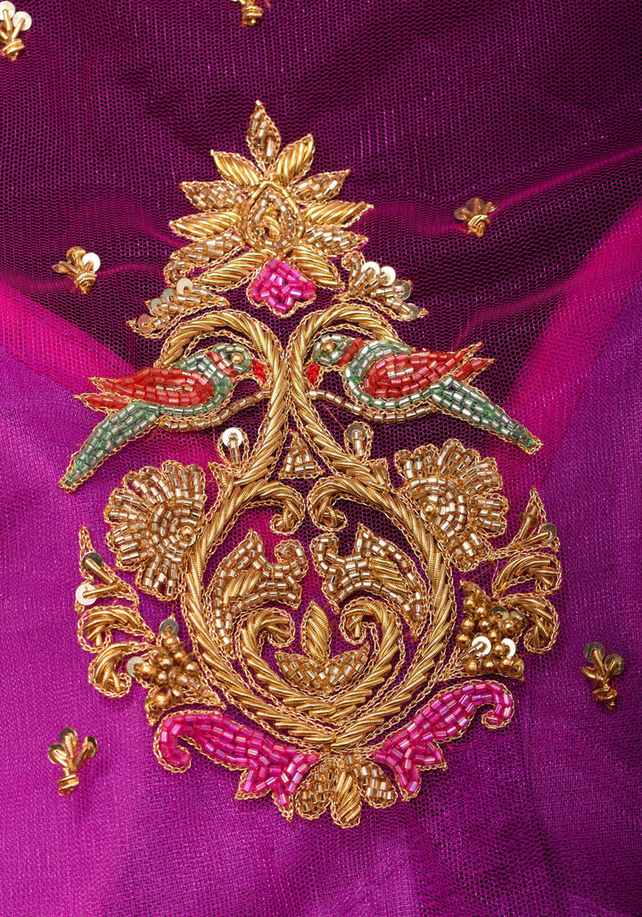 Magenta Pure Silk Blouse with Zardosi Cutdana Handwork on Net in Back and Sleeves, Made to Order