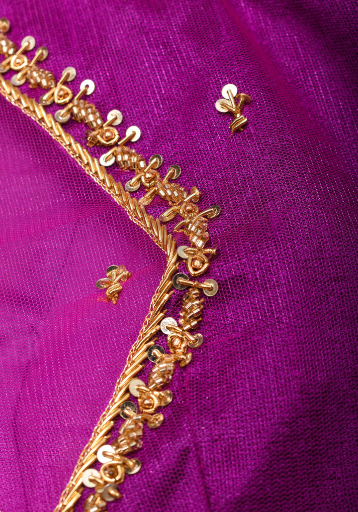Magenta Pure Silk Blouse with Zardosi Cutdana Handwork on Net in Back and Sleeves, Made to Order