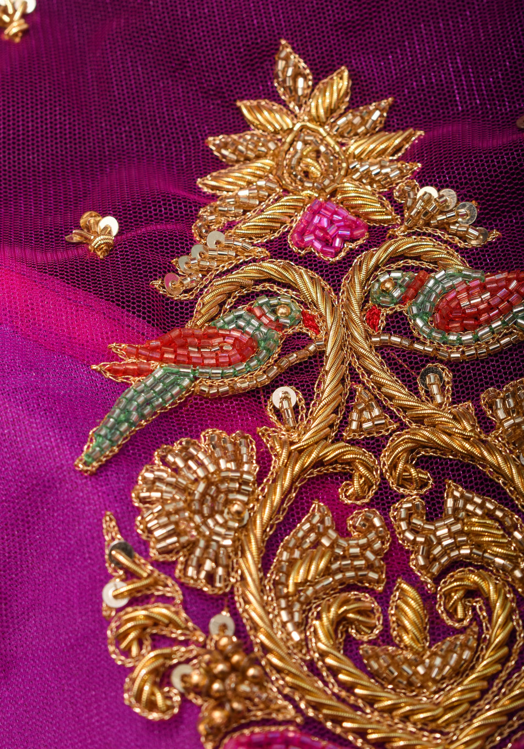 Magenta Pure Silk Blouse with Zardosi Cutdana Handwork on Net in Back and Sleeves, Made to Order