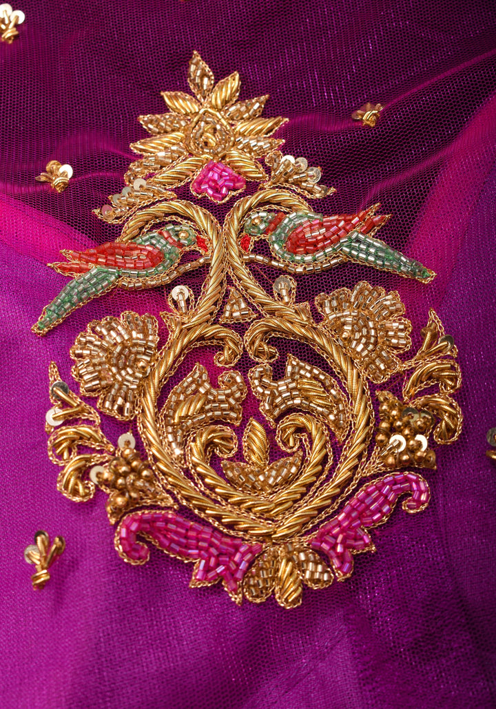 Magenta Pure Silk Blouse with Zardosi Cutdana Handwork on Net in Back and Sleeves, Made to Order