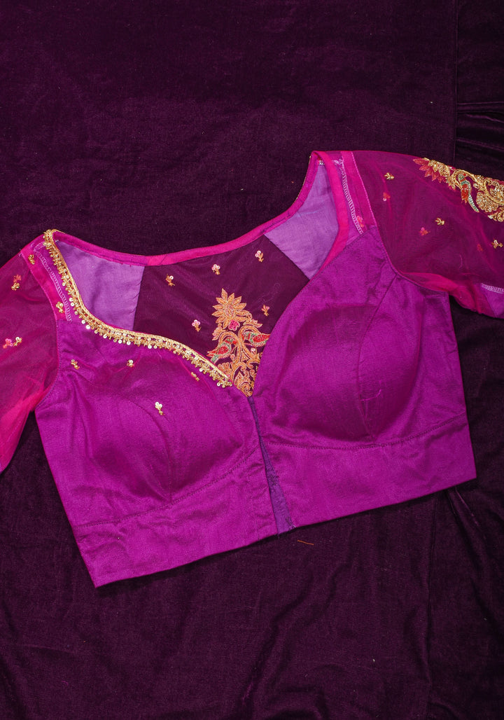 Magenta Pure Silk Blouse with Zardosi Cutdana Handwork on Net in Back and Sleeves, Made to Order