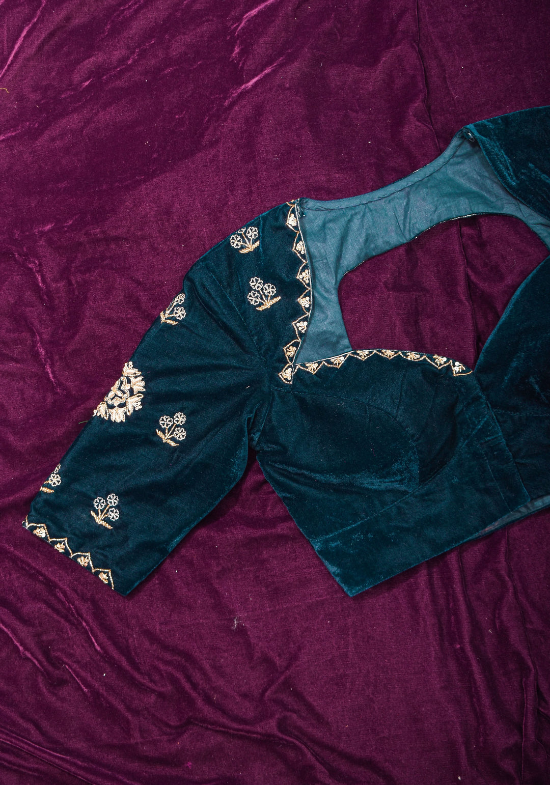 Made to Order: Dark Green Velvet Blouse with Embroidered and Glass Bead detailing
