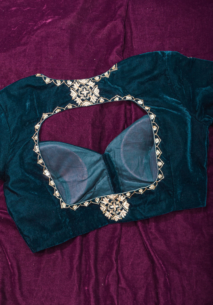 Made to Order: Dark Green Velvet Blouse with Embroidered and Glass Bead detailing