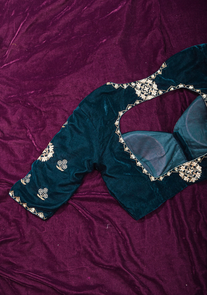 Made to Order: Dark Green Velvet Blouse with Embroidered and Glass Bead detailing