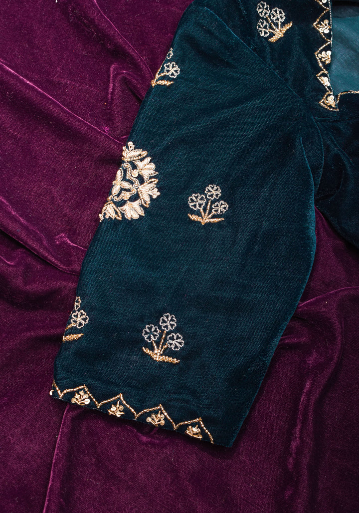 Made to Order: Dark Green Velvet Blouse with Embroidered and Glass Bead detailing
