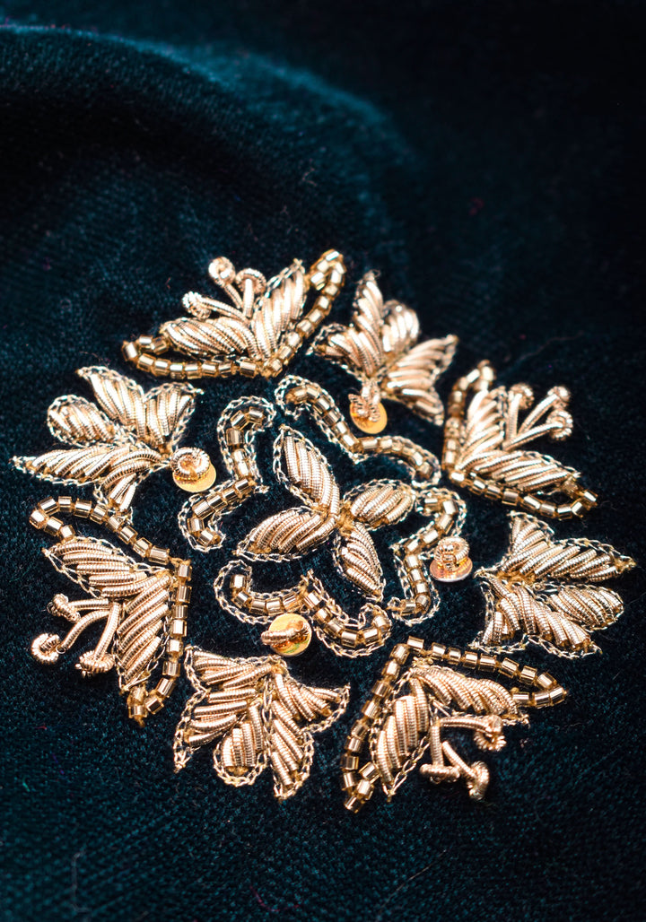 Made to Order: Dark Green Velvet Blouse with Embroidered and Glass Bead detailing