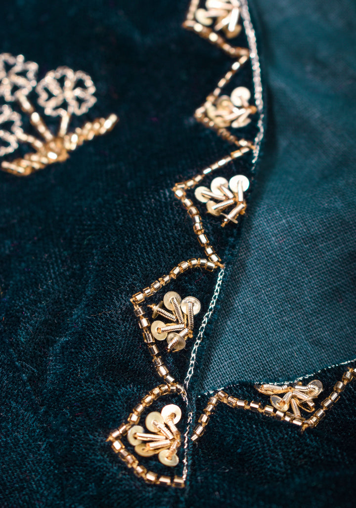 Made to Order: Dark Green Velvet Blouse with Embroidered and Glass Bead detailing