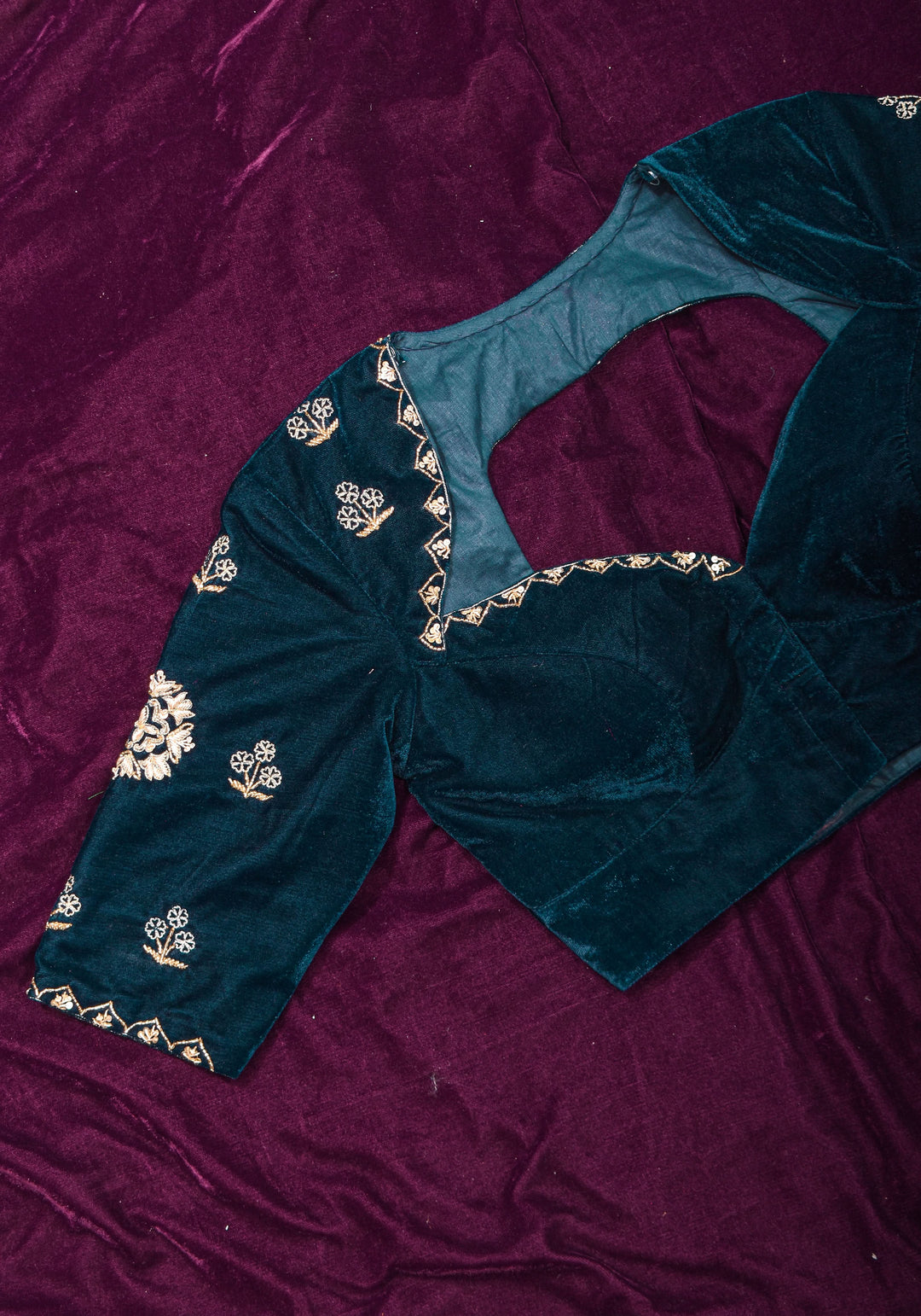 Made to Order: Dark Green Velvet Blouse with Embroidered and Glass Bead detailing